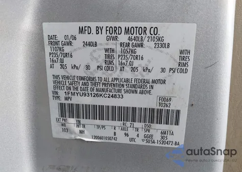 2006 Ford Escape Xlt/Xlt Sport из США, поврежденный, VIN 1FMYU93126KC24833